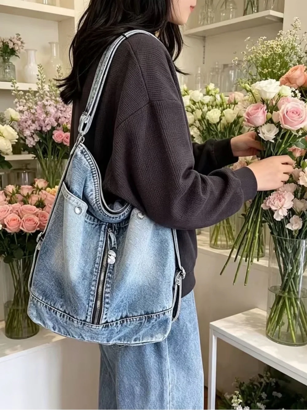 Casual Denim Hobo Bag - Light Blue